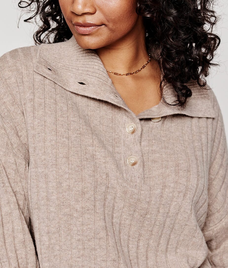 The Coziest Cashmere Blend Ribbed Half-Button Sweater - Main