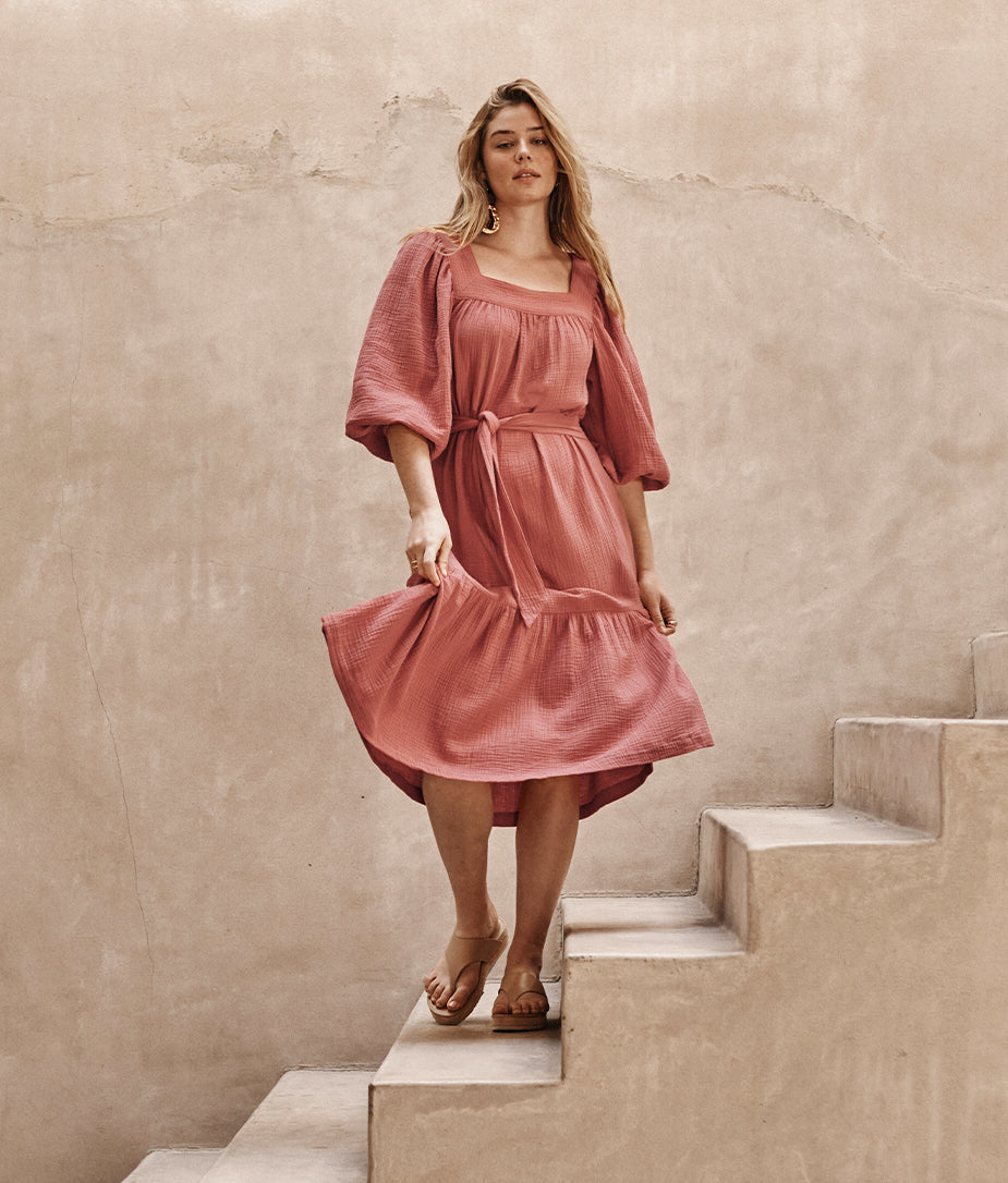 The Going Places Gauze Midi Dress - Faded Rose