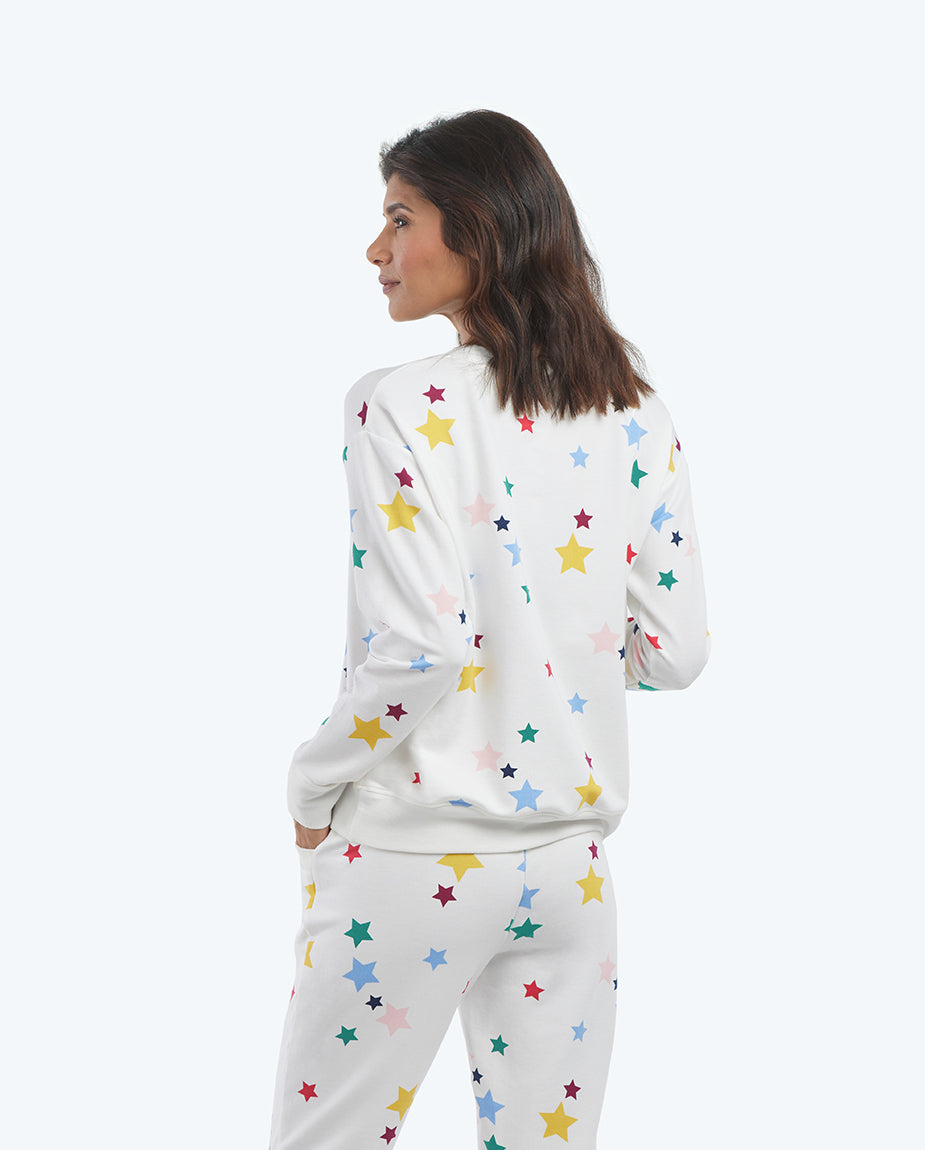 The Softest French Terry Relaxed Crew - Scatter Stars in White Sand