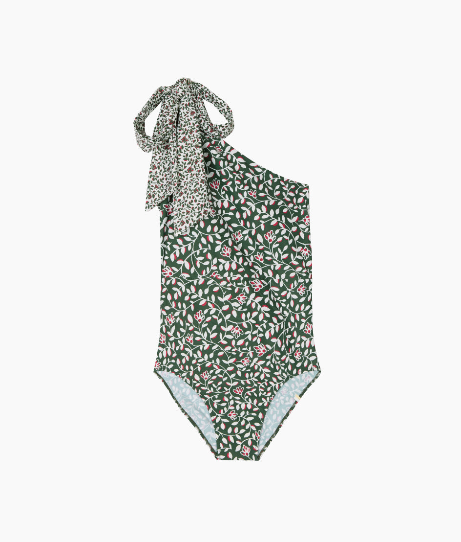 The Long Torso Bow-Shoulder Ruched Sidestroke - Twilight Floral in Olive
