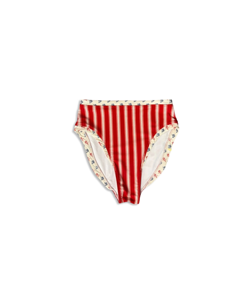 The Contrast Trim High Leg High Rise Bikini Bottom - Petal Stripe in Lobster & Mini Floral in Lobster & Atlantic