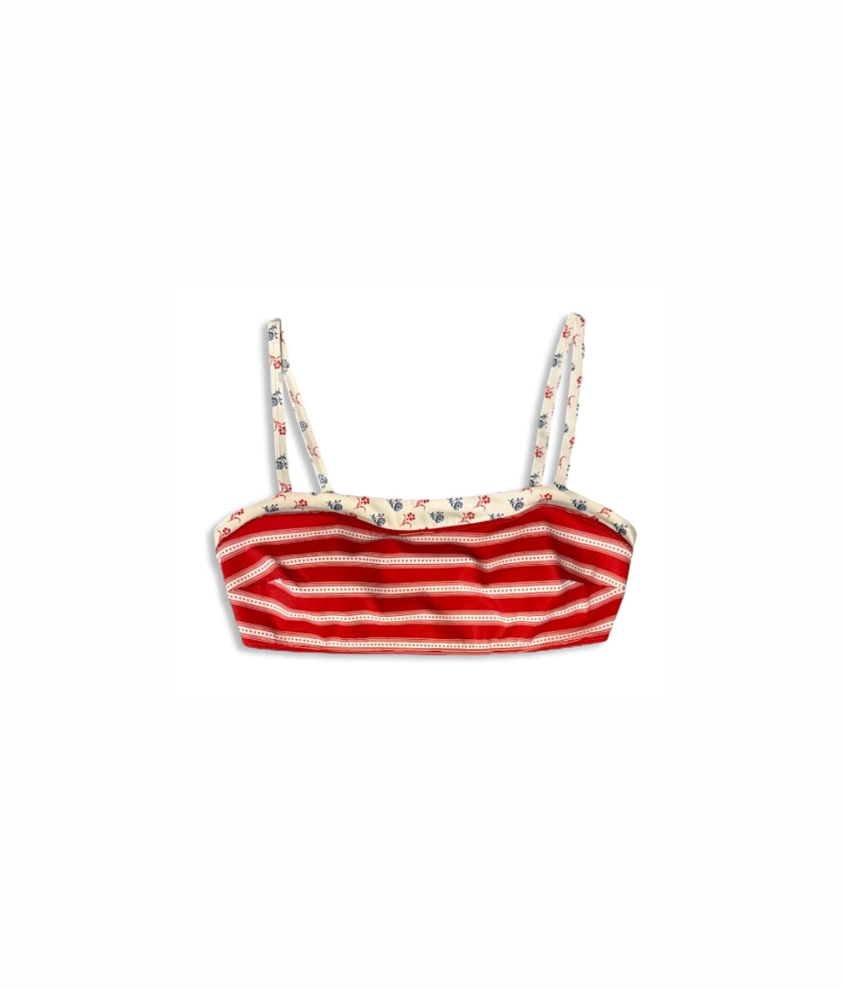 The Contrast Trim Oasis Bikini Top - Petal Stripe in Lobster & Mini Floral in Lobster & Atlantic