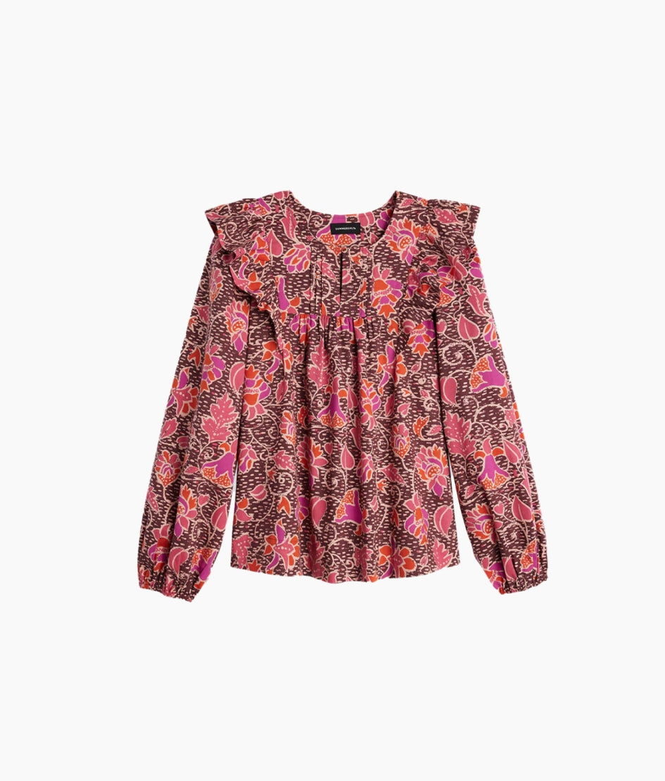 The Countryside Poplin Ruffle Blouse - Vineyard Blooms in Pinot