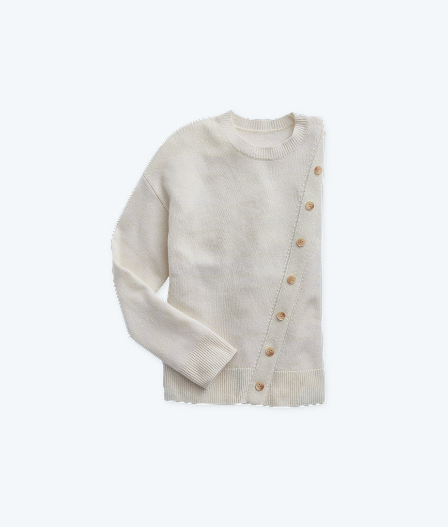 The Luxe Cashmere Blend Button Crewneck - White Sand