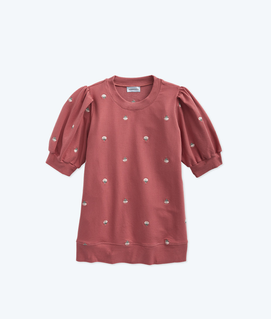 The Softest French Terry Puff Short Sleeve Top - Faded Rose Floral Stitch