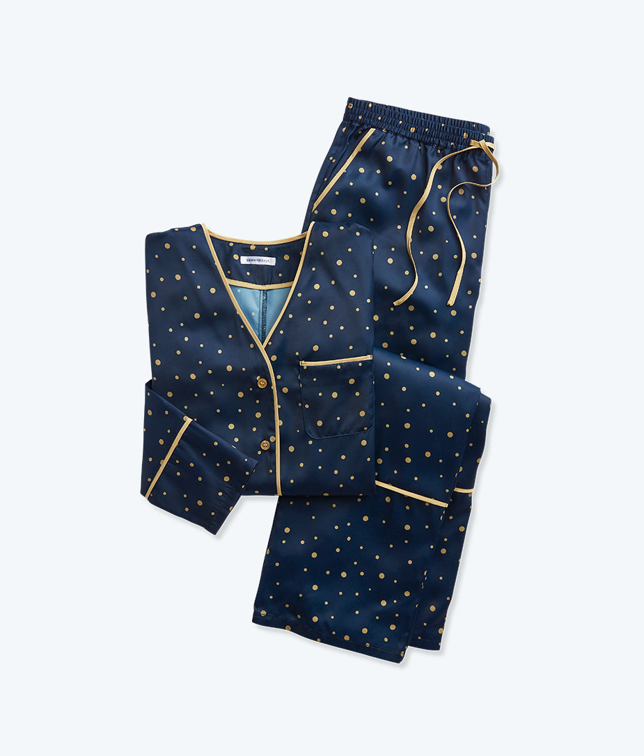 The Cloud 9 Silky Pajama Set - Celestial Dot in Deep Sea & Gold