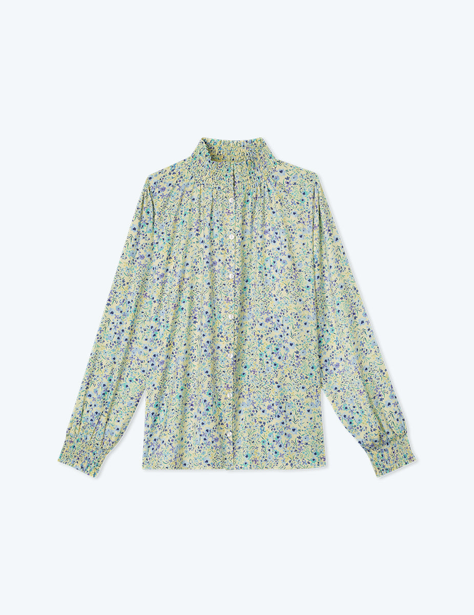The All Dressed Up Button Up Blouse - Painted Floral in Slate & Powder Blue