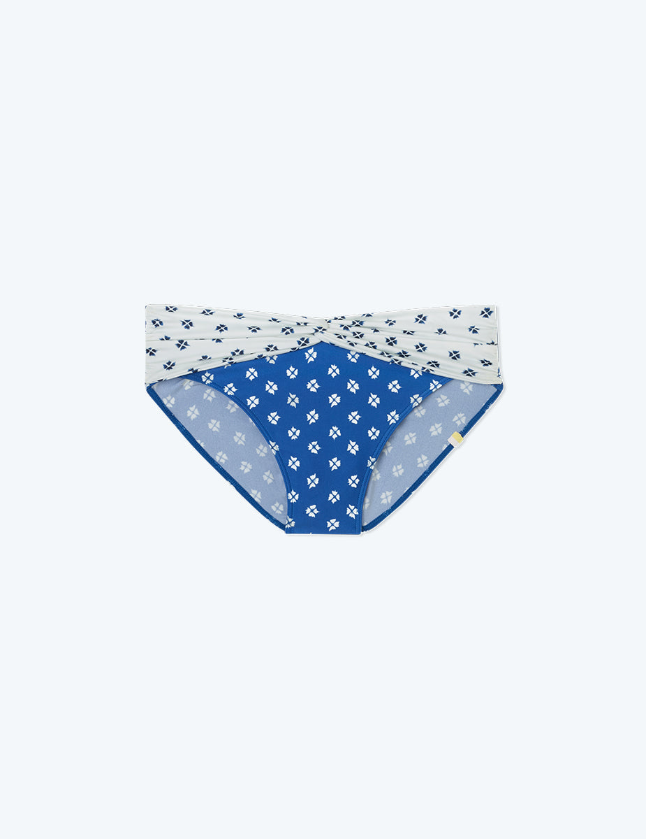 The Twist High Leg Mid Rise Bottom - Block Print in Indigo & White Sand