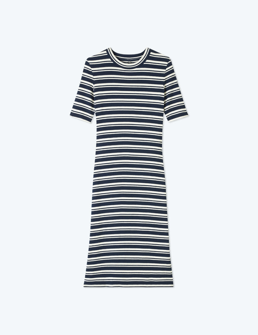 The Softest Ribbed Crew Neck Dress - Deep Sea & White Sand Stripe