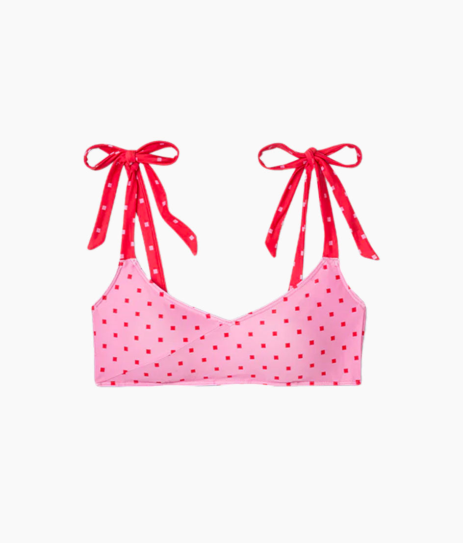 The Tie Marina Bikini Top - Square Dot in Flamingo & Hibiscus