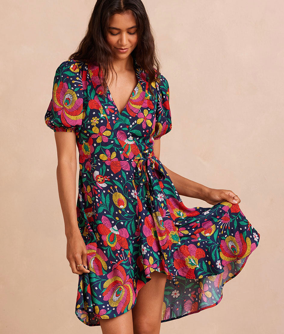 The Silky Luxe Puff Sleeve Beach to Brunch Wrap Dress - Main
