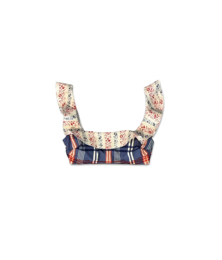 The Ruffle Seaway Square Neck Bikini Top - Admiral Plaid & Floral Stripe in Lobster & Atlantic