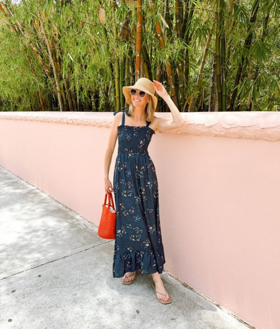 The Silky Luxe Smocked Maxi Dress - Celestial Floral in Deep Sea