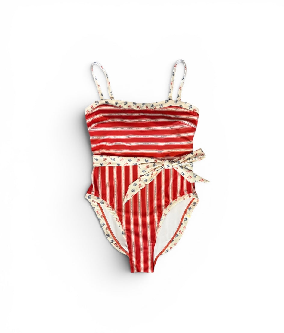 The Tie Waist Contrast Trim Oasis - Petal Stripe in Lobster & Mini Floral in Lobster & Atlantic