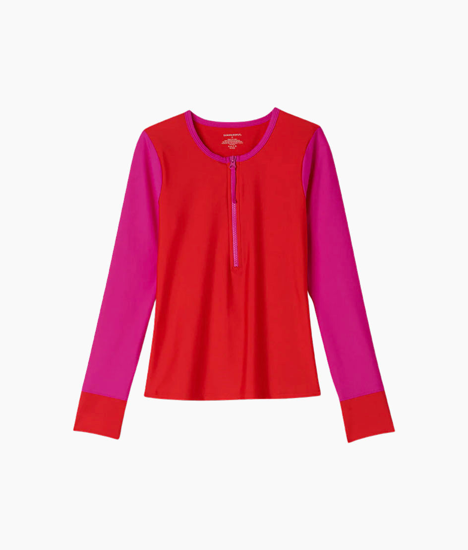 The Make Waves Half-Zip Rash Guard - Lava & Hibiscus