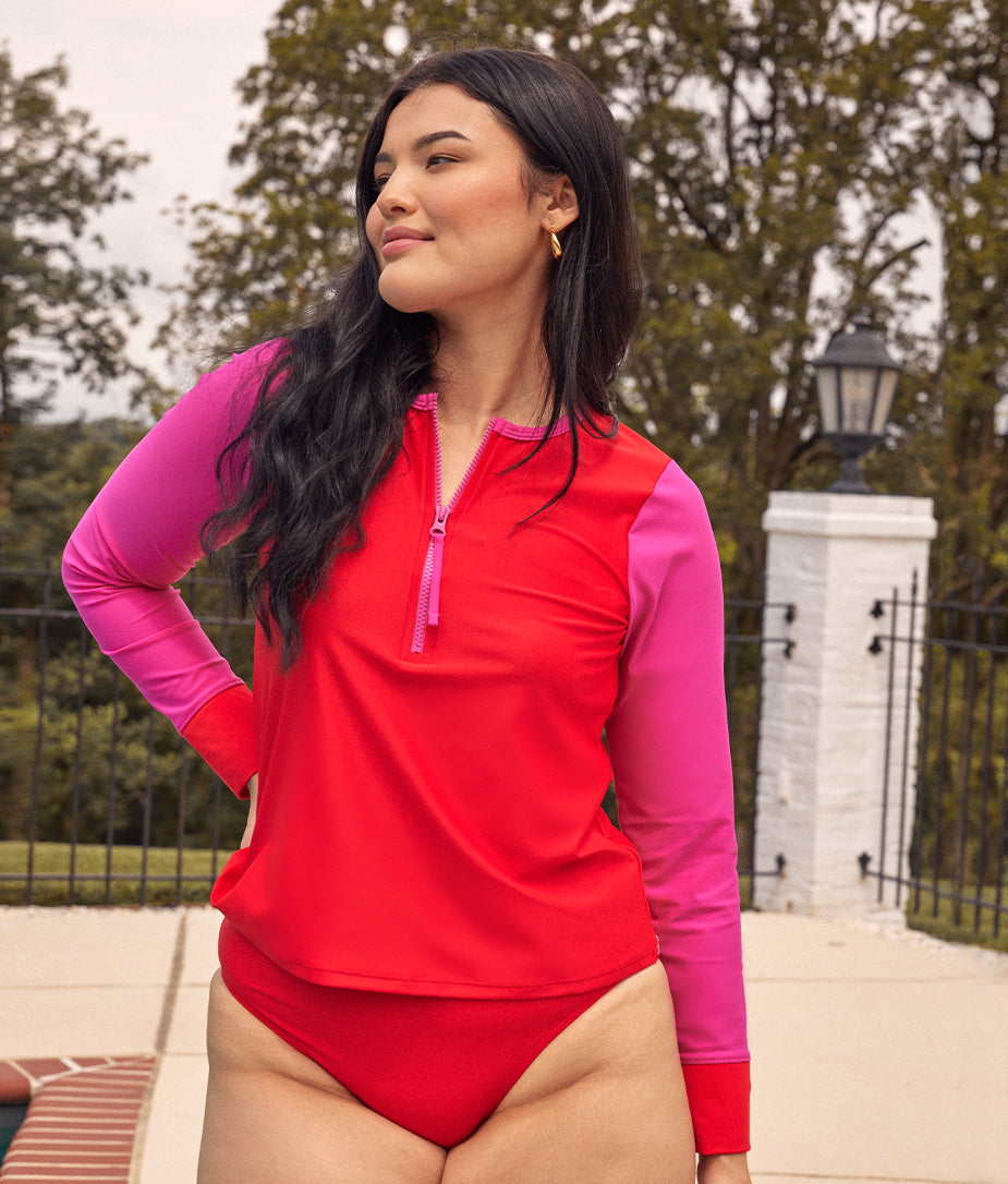 The Make Waves Half-Zip Rash Guard - Lava & Hibiscus