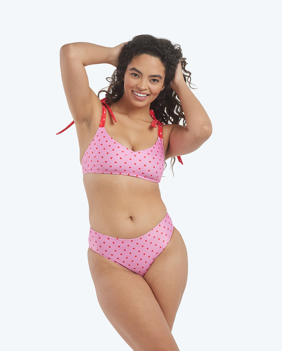 The Tie Marina Bikini Top - Square Dot in Flamingo & Hibiscus