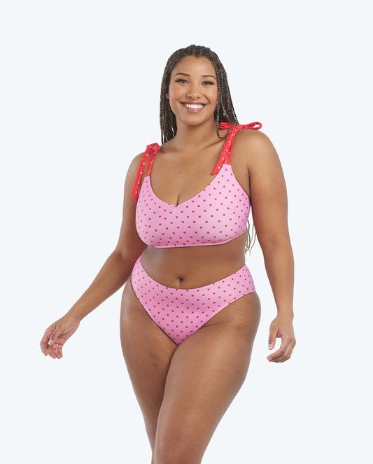 The Limited-Edition High Leg Mid Rise Bikini Bottom - Square Dot in Flamingo & Hibiscus