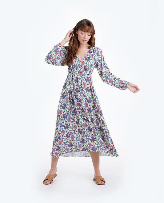 The Cinched Waist Caftan Dress - Scroll Block Print in Violet & Lava