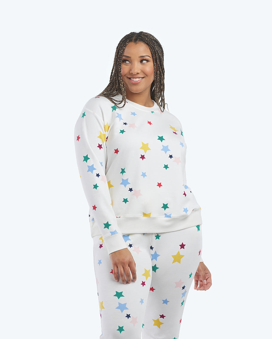 The Softest French Terry Relaxed Crew - Scatter Stars in White Sand