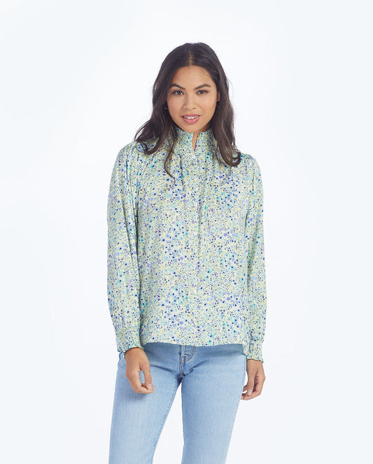 The All Dressed Up Button Up Blouse - Painted Floral in Slate & Powder Blue
