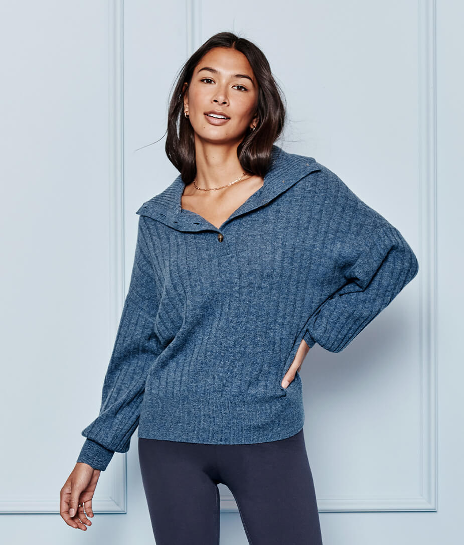 The Coziest Cashmere Blend Ribbed Half-Button Sweater - Steel