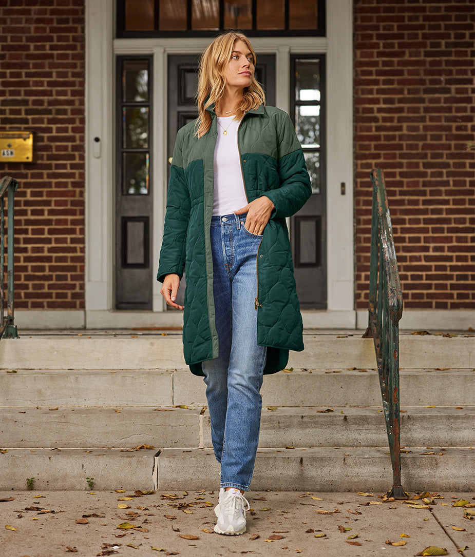 The Long Colorblock Eco Quilted Coat - Olive & Eden