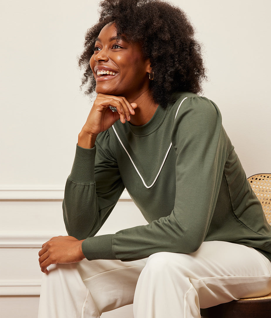 The Softest French Terry Contrast Puff-Sleeve Pullover - Main