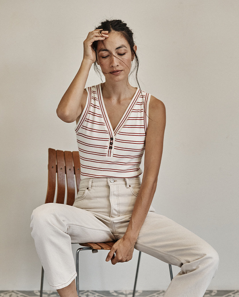 The Softest Ribbed Henley Tank - White Sand & Berry Stripe