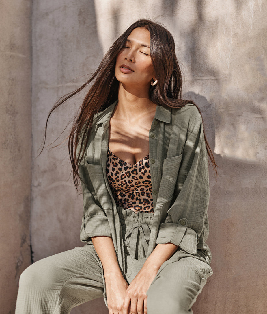 The Going Places Gauze Button-Down Camp Shirt - Agave