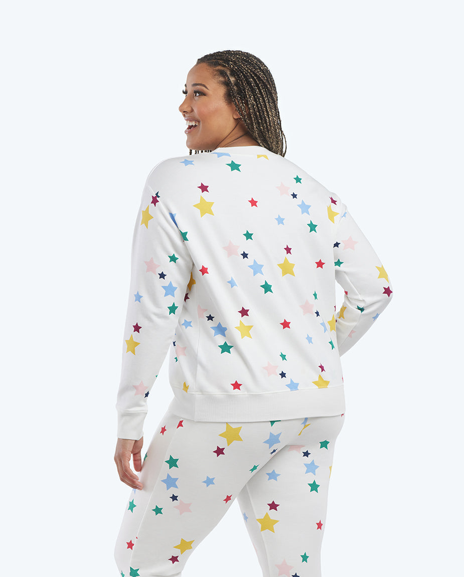 The Softest French Terry Relaxed Crew - Scatter Stars in White Sand