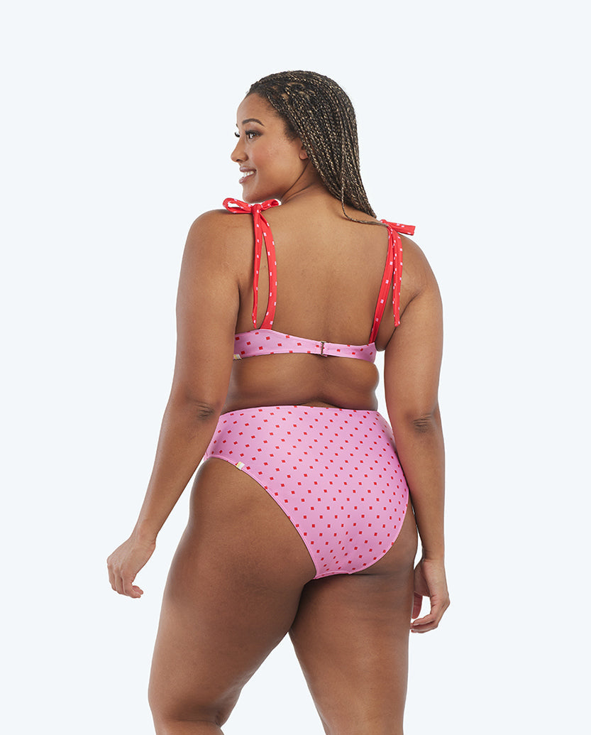 The Limited-Edition High Leg Mid Rise Bikini Bottom - Square Dot in Flamingo & Hibiscus