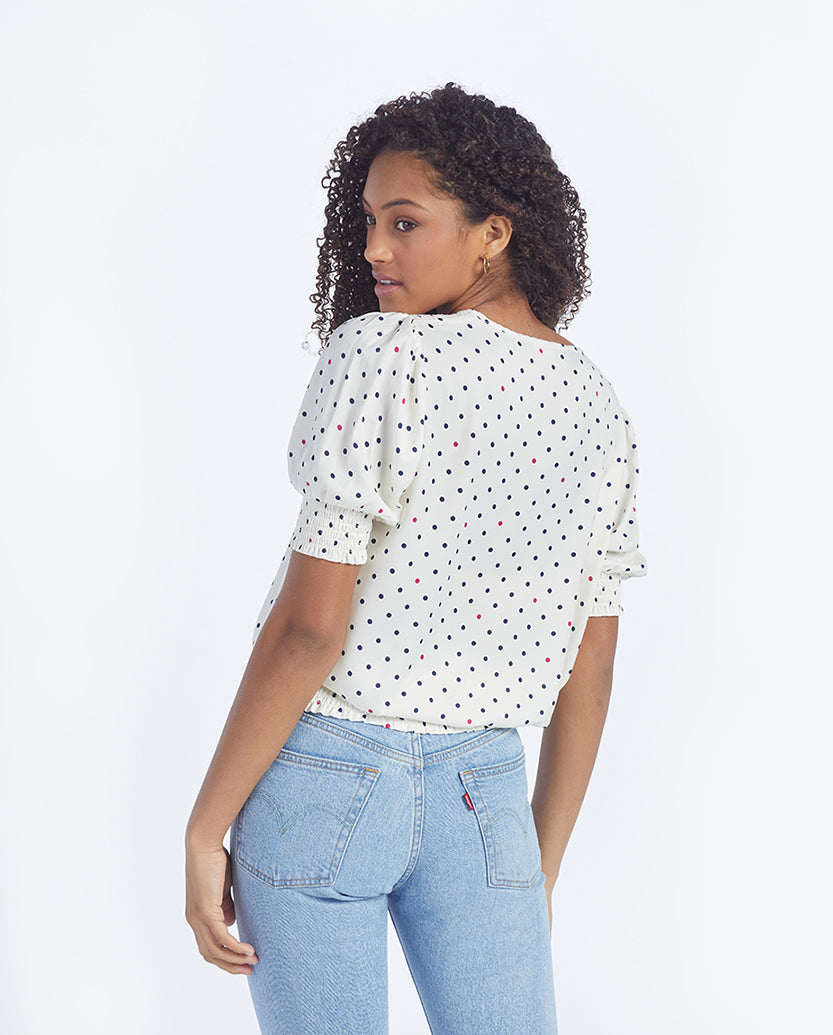 The Silky V-Neck Puff Sleeve Top - White Sand Dot