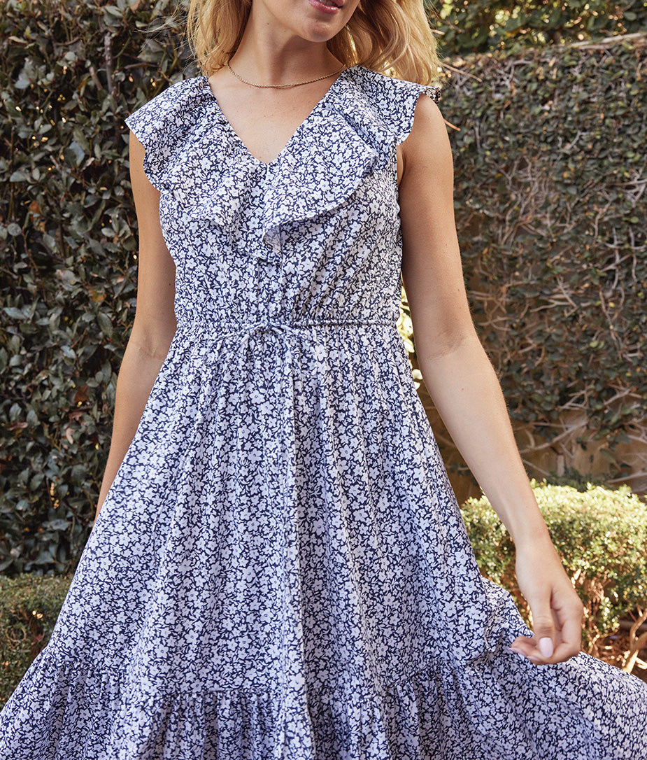 The Coastal Poplin Ruffle-Neck Midi Dress - In Bloom in Midnight