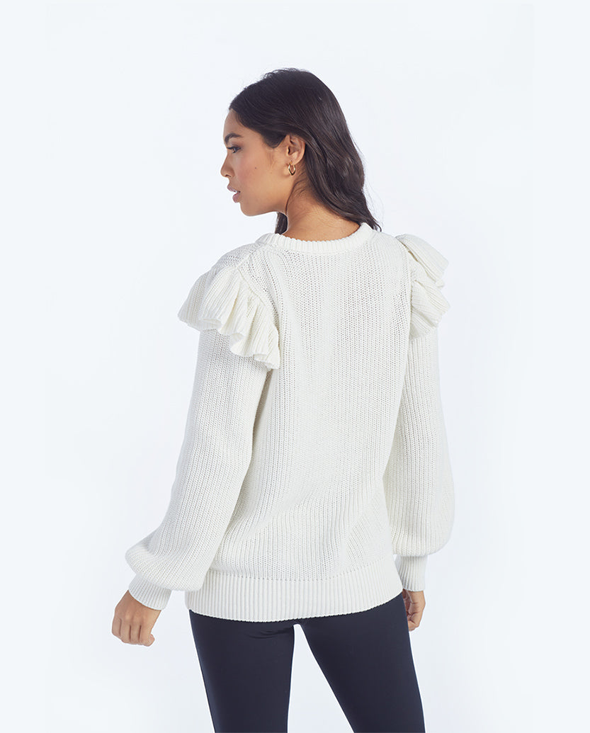 The Flirty Ruffle Sleeve Sweater - White Sand