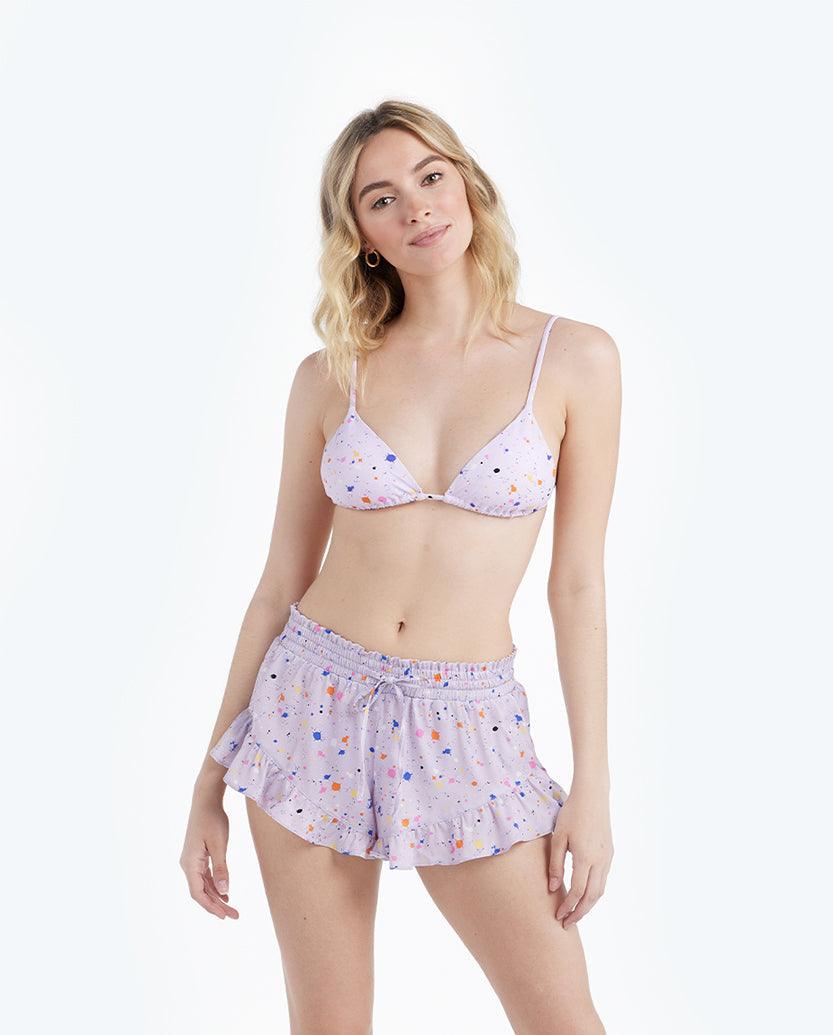 The Silky Ruffle Shorts - Paint Splatter in Lilac