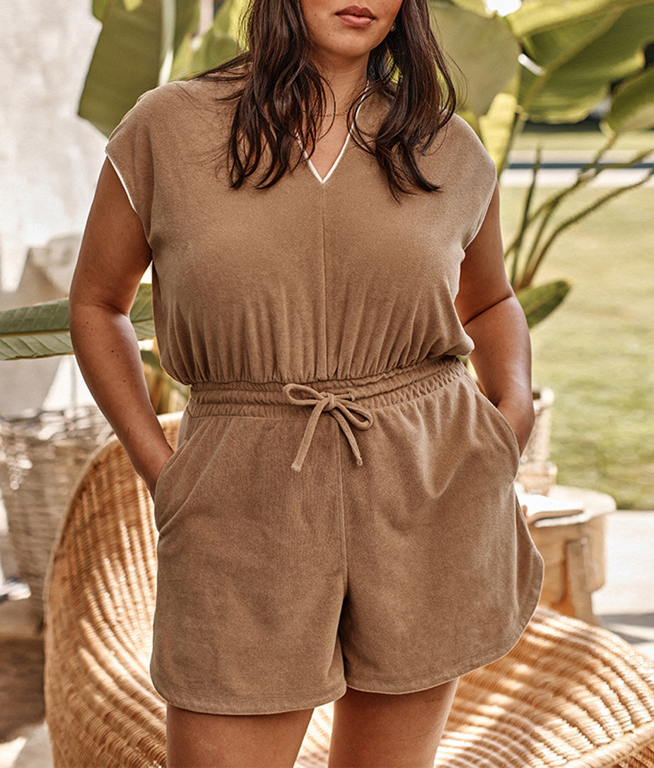 The Towel Terry V-Neck Romper - Toffee