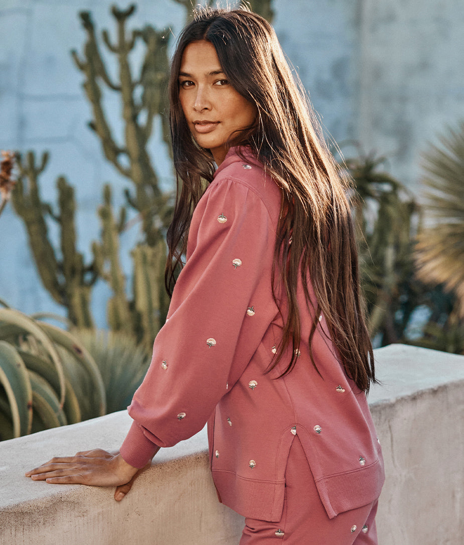 The Softest French Terry Puff-Sleeve Hoodie - Faded Rose Floral Stitch