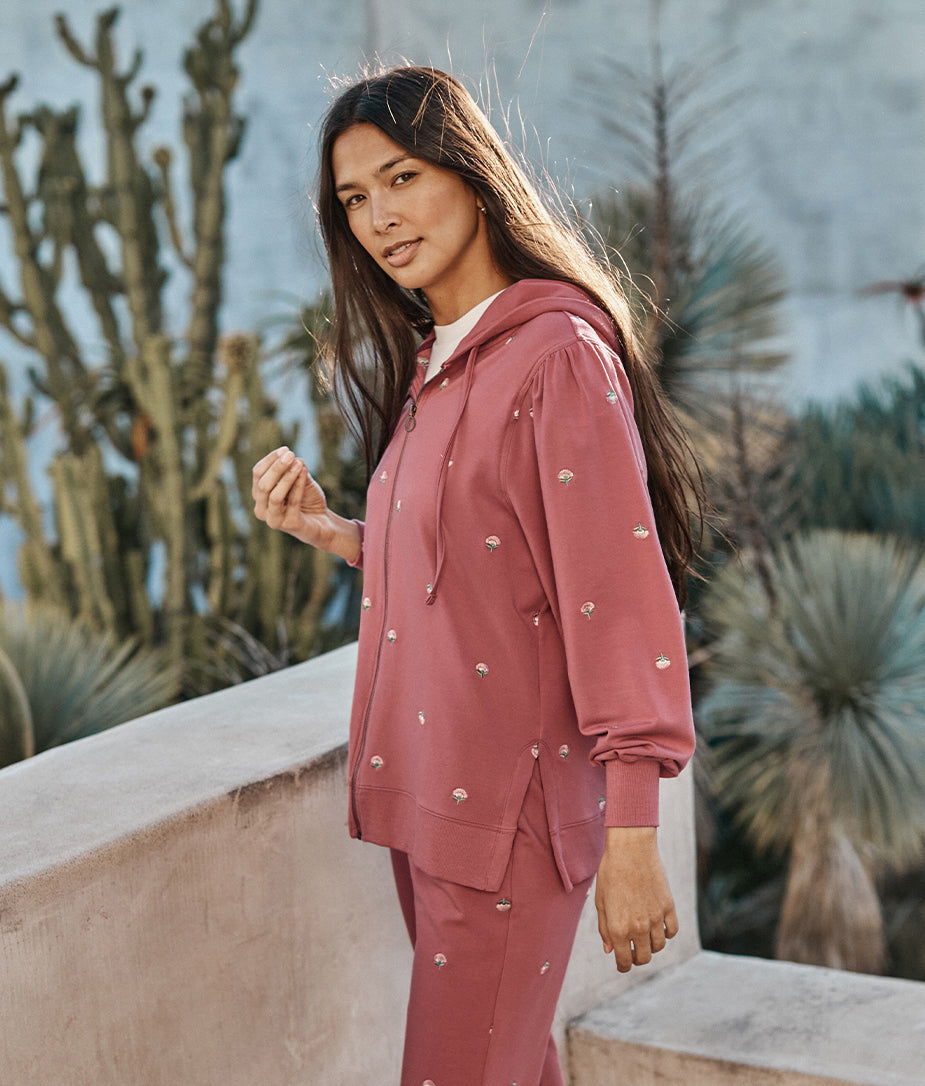 The Softest French Terry Puff-Sleeve Hoodie - Faded Rose Floral Stitch