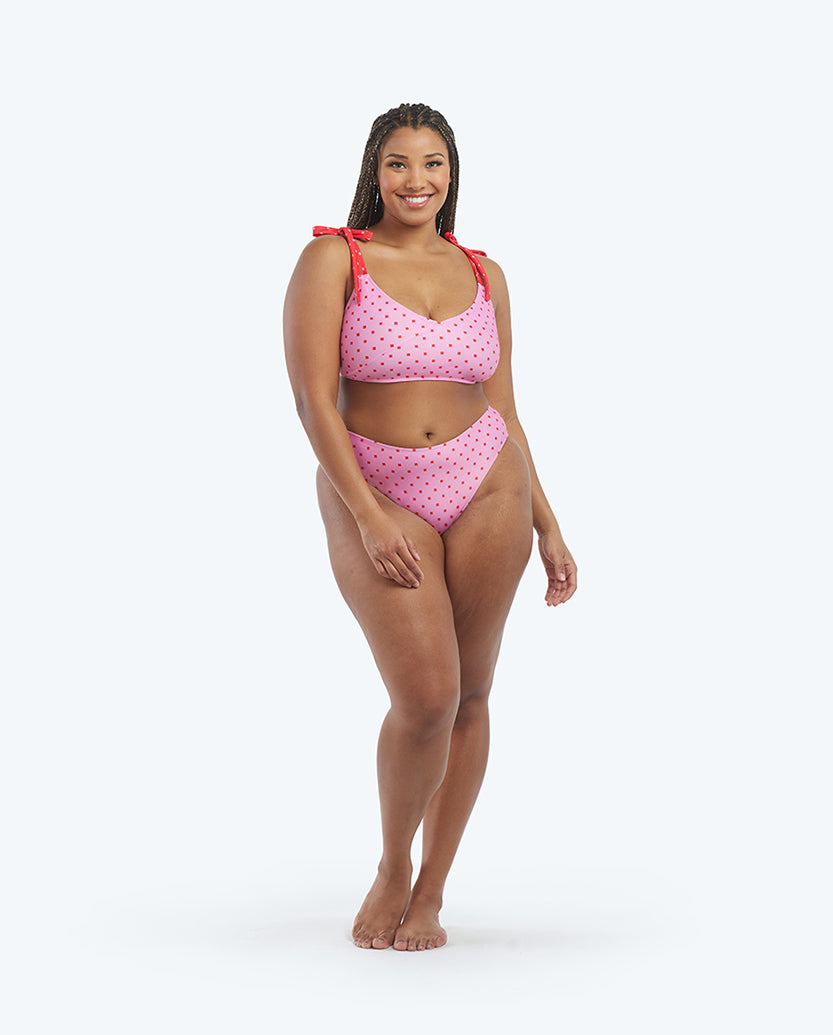 The Limited-Edition High Leg Mid Rise Bikini Bottom - Square Dot in Flamingo & Hibiscus