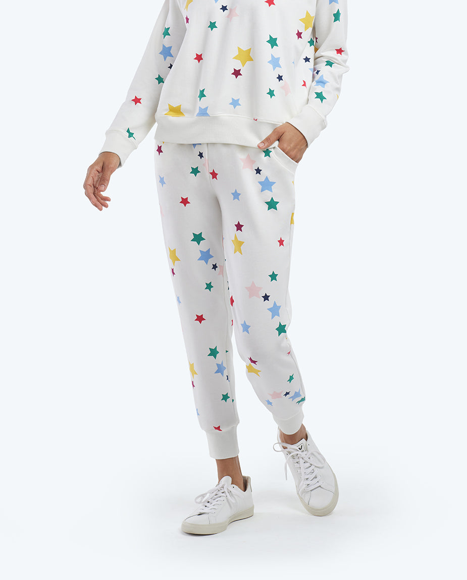 The Softest French Terry Jogger - Scatter Stars in White Sand