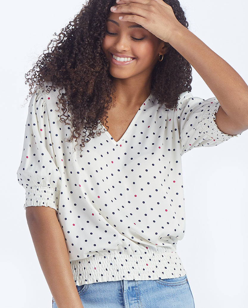 The Silky V-Neck Puff Sleeve Top - White Sand Dot