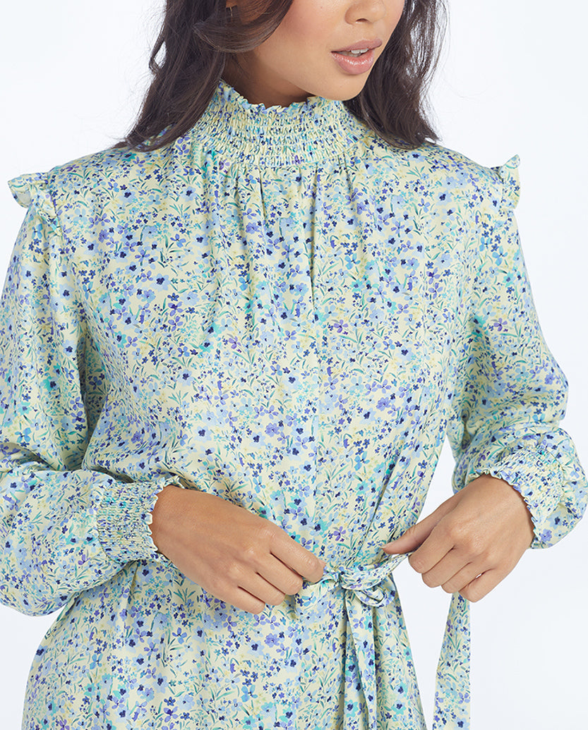 The All Dressed Up Mock Neck Dress - Painted Floral in Slate & Powder Blue