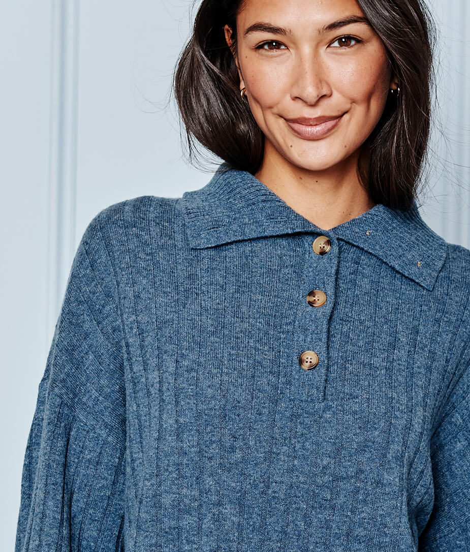 The Coziest Cashmere Blend Ribbed Half-Button Sweater - Steel
