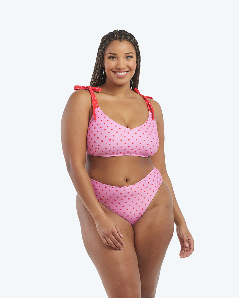 The Tie Marina Bikini Top - Square Dot in Flamingo & Hibiscus