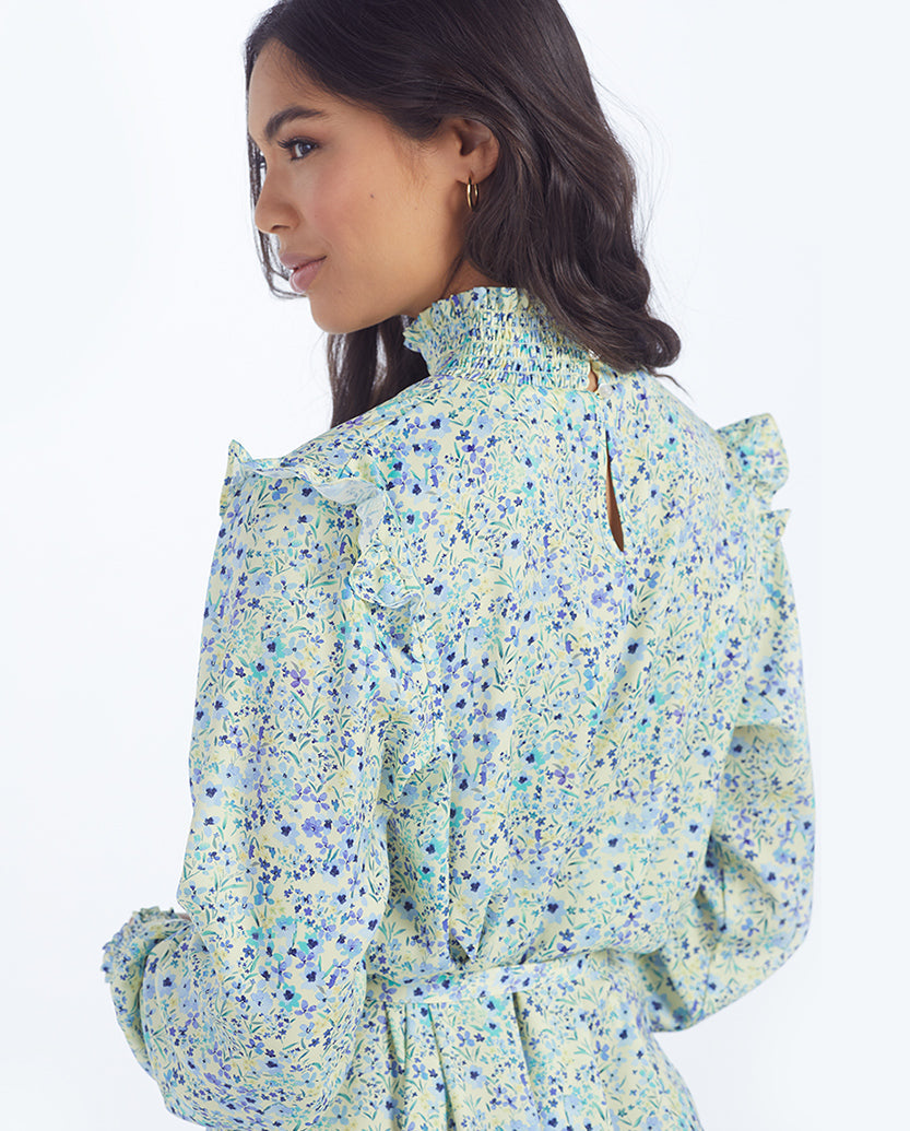 The All Dressed Up Mock Neck Dress - Painted Floral in Slate & Powder Blue
