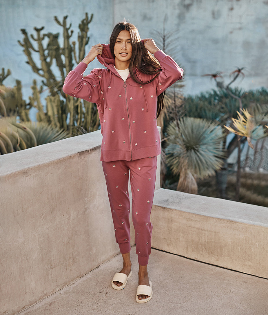 The Softest French Terry Puff-Sleeve Hoodie - Faded Rose Floral Stitch
