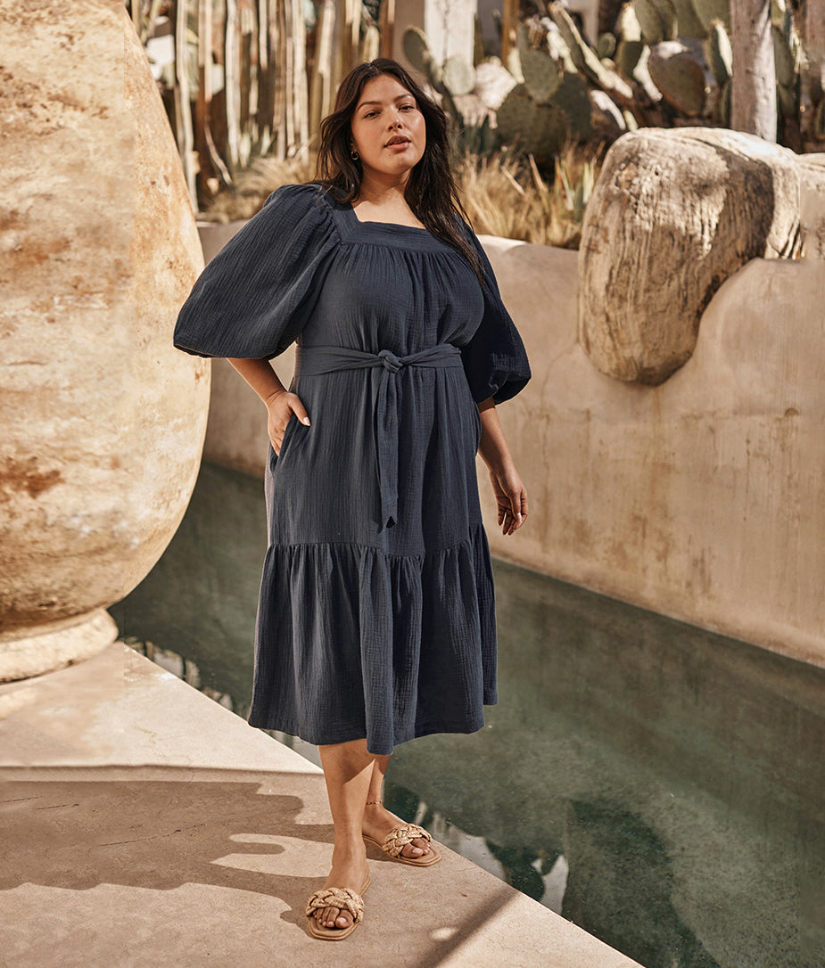 The Going Places Gauze Midi Dress - Midnight