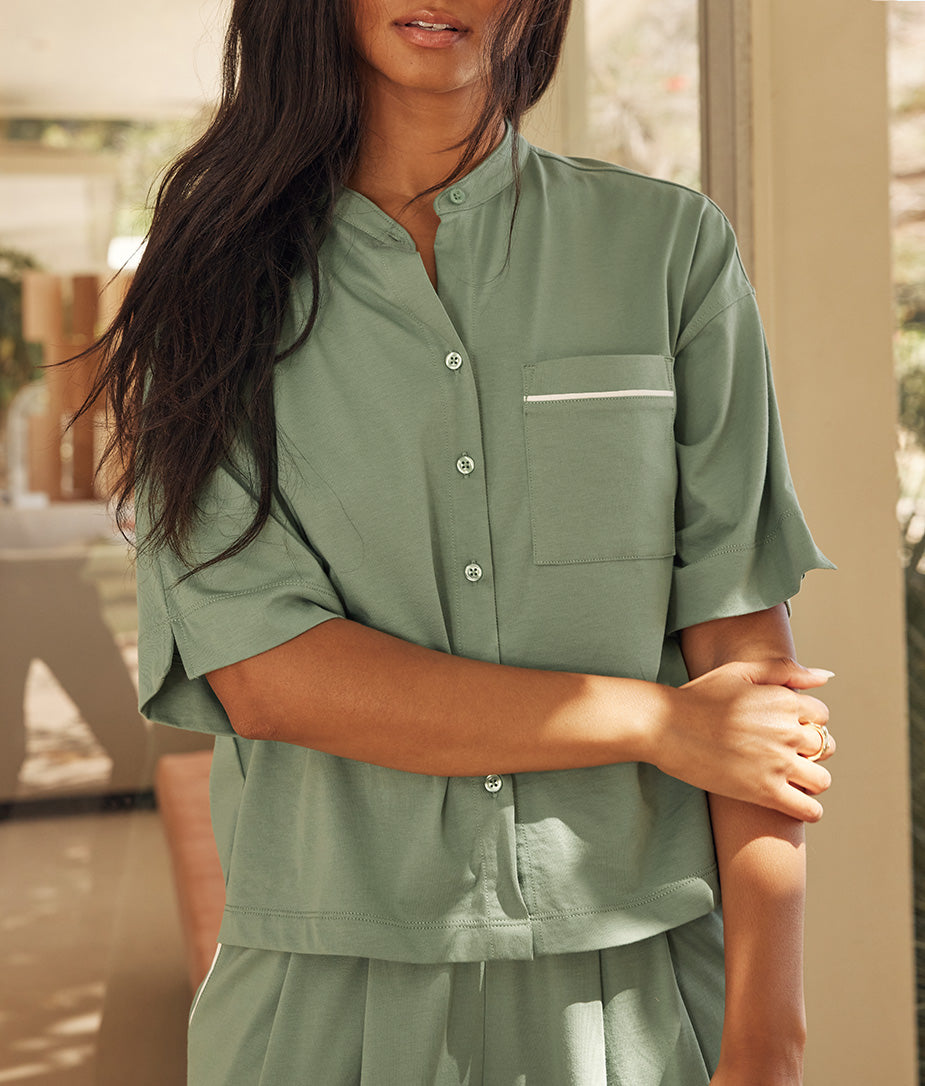 The Luxe Pima Pleated Pajama Pants Set - Seagreen