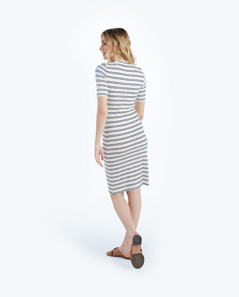 The Softest Ribbed Crew Neck Dress - White Sand & Deep Sea Stripe